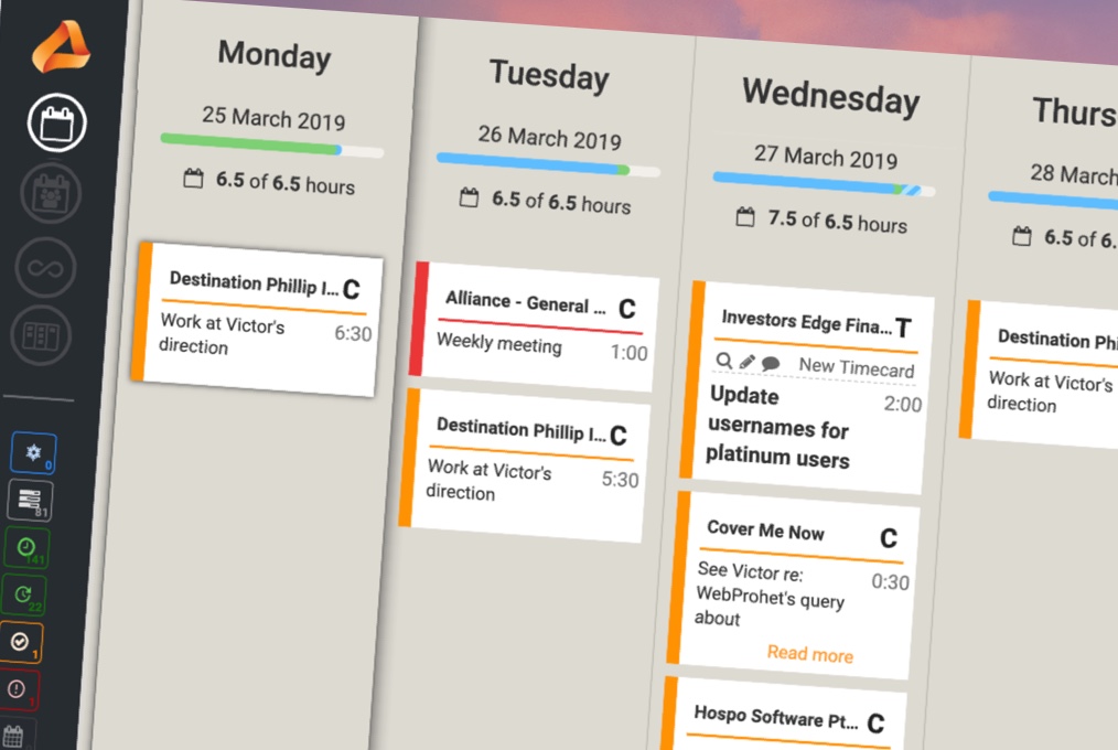TimeTracker schedule interface showing days of the week and allocated time slots
